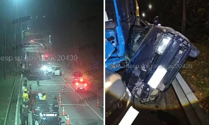 Engavetamento entre caminhão e oito carros deixa um ferido na Rodovia dos Tamoios, em Paraibuna