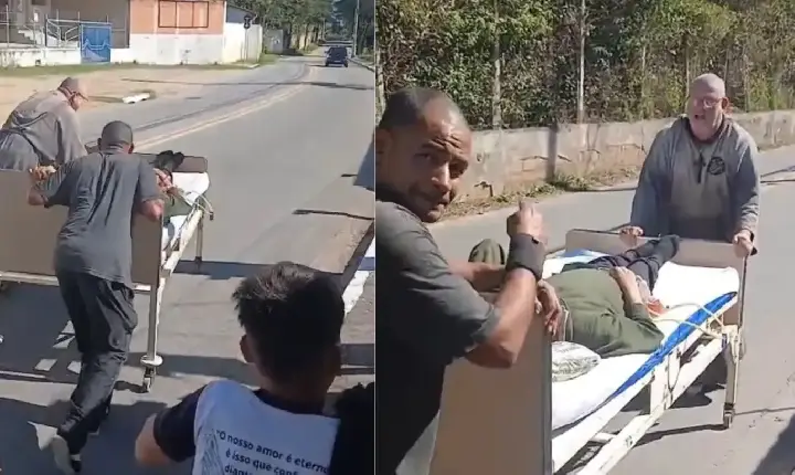 Paciente é levado em maca pelas ruas do Putim em São José dos Campos por falta de atendimento do Samu, diz denúncia