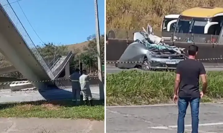 Passarela desaba após ser atingida por caminhão e duas pessoas morrem em Vargem