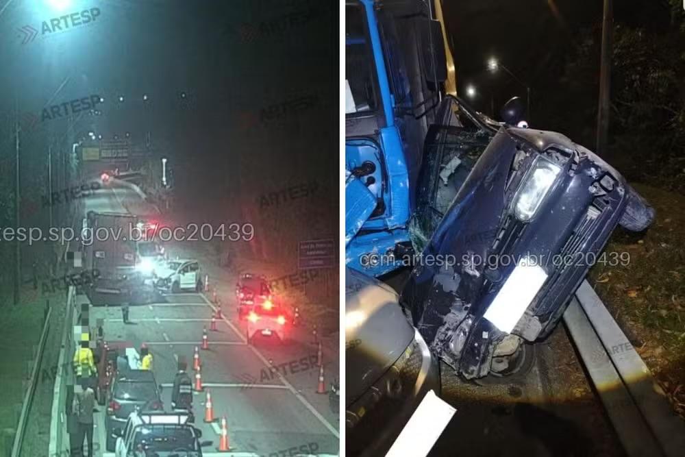 Engavetamento entre caminhão e oito carros deixa um ferido na Rodovia dos Tamoios, em Paraibuna