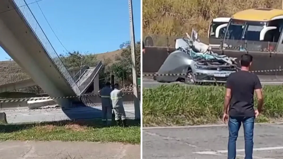 Passarela desaba após ser atingida por caminhão e duas pessoas morrem em Vargem